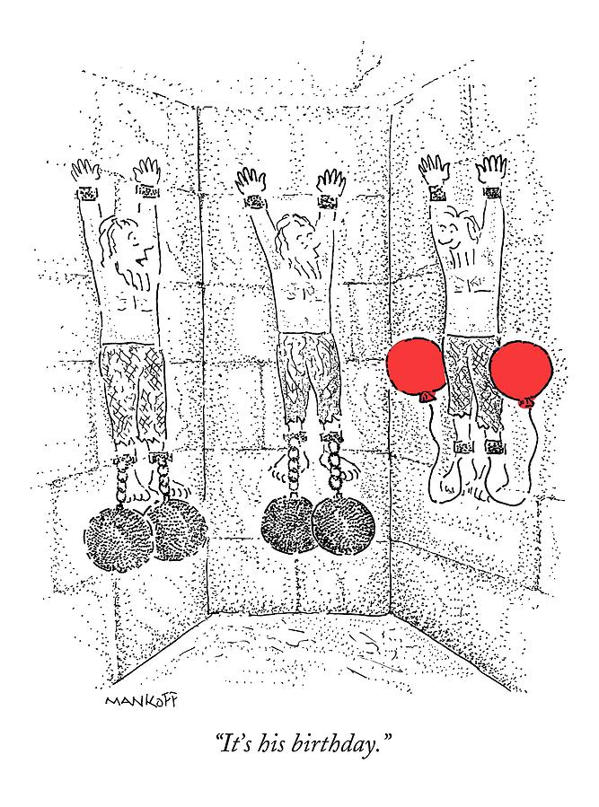 Dungeon Drawing - Prisoner In Dungeon Has Orange Balloons Attached by Robert Mankoff