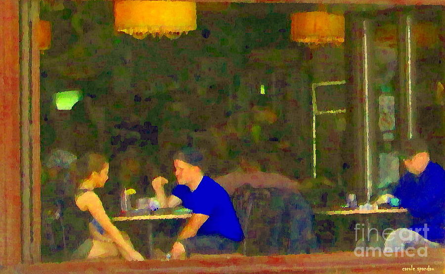Private Conversation Couple By The Window Romantic Restaurant Rendezvous Cafe Scenes Carole Spandau Painting by Carole Spandau