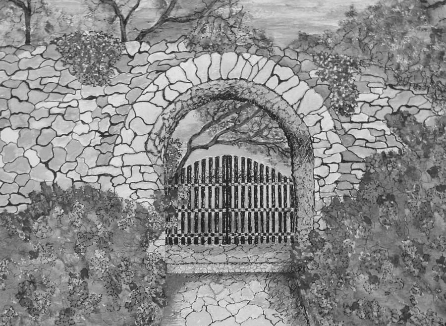Private Garden at Sunset Black and White Drawing by Ashley Goforth