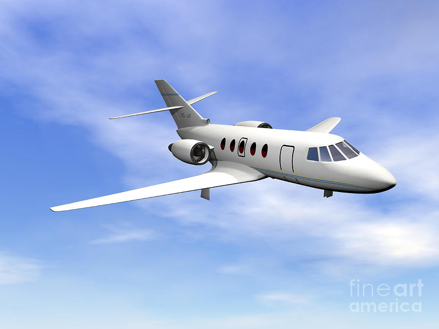 Transportation Digital Art - Private Jet Plane Flying In Cloudy Blue by Elena Duvernay