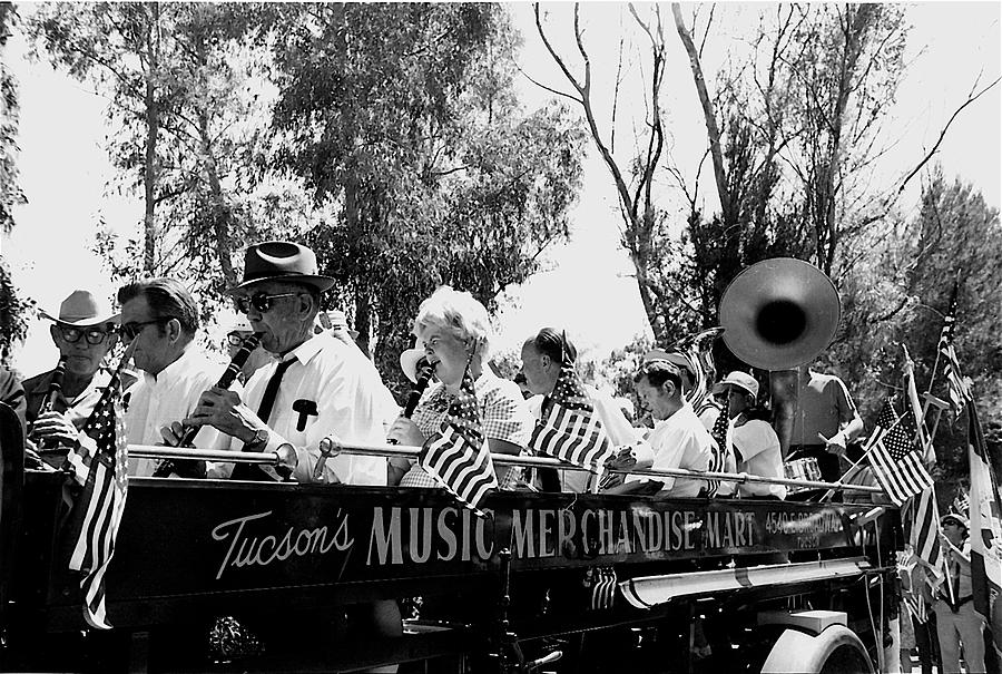 Pro-Viet Nam War march Beavers Band Box musicians Tucson Arizona 1970 black and white Photograph by David Lee Guss
