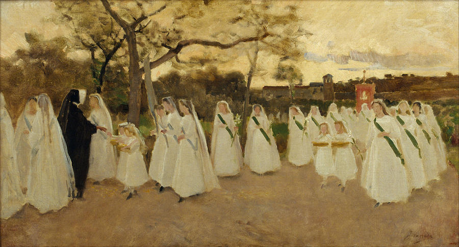 Procession of Schoolgirls Painting by Joaquim Vayreda i Vila