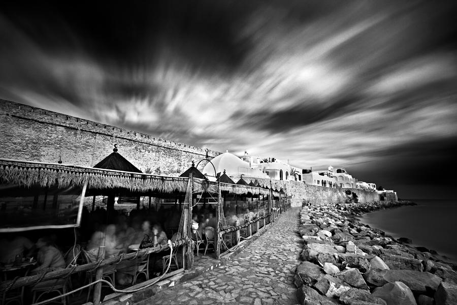Black And White Photograph - Promenade by the Mediterannean Sea / Hammamet by Barry O Carroll