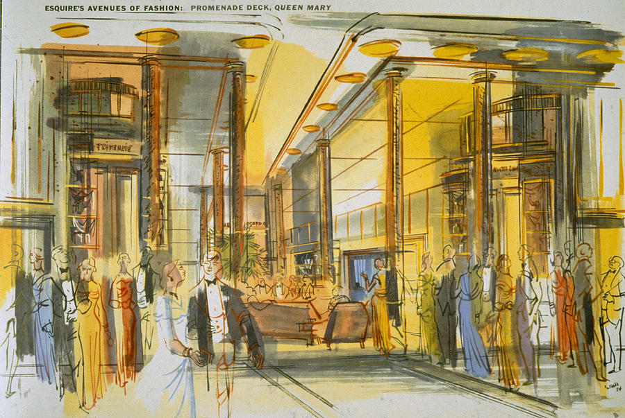Transportation Drawing - Promenade Deck Aboard The Queen Mary by English School