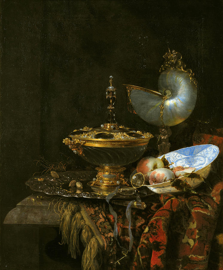 Willem Kalf Painting - Pronk Still Life with Holbein Bowl Nautilus Cup Glass Goblet and Fruit Dish by Willem Kalf