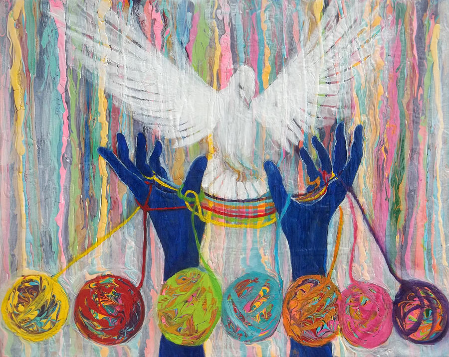 Prophetic Message Sketch 20 WHAT WOMAN WILL RISE UP    Yarn Hands Woven nest or bridge for Dove  Painting by Anne Cameron Cutri