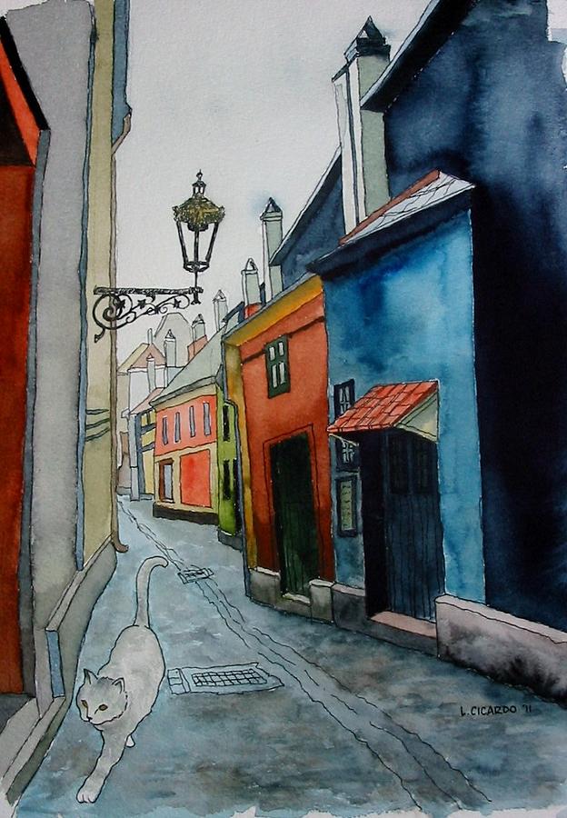 Cat Painting - Prowling in  Prague-SOLD by Lou Cicardo