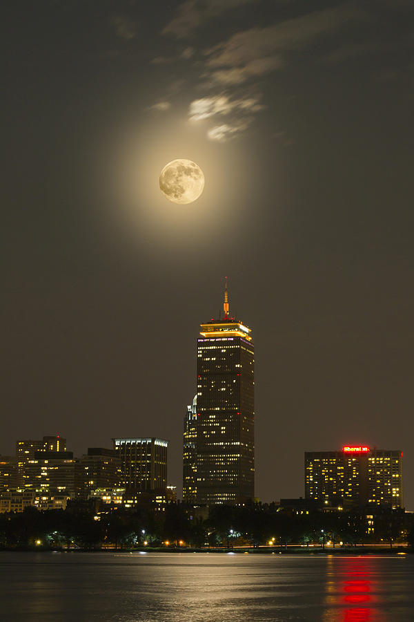 Boston Skyline Photograph - Prudential Tower with Supermoon 2013 by Jatin Thakkar
