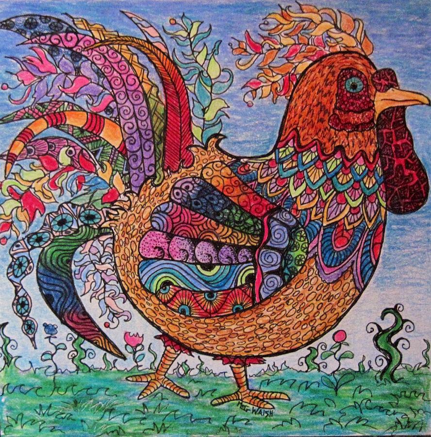 Psychedelic rooster Drawing by Megan Walsh