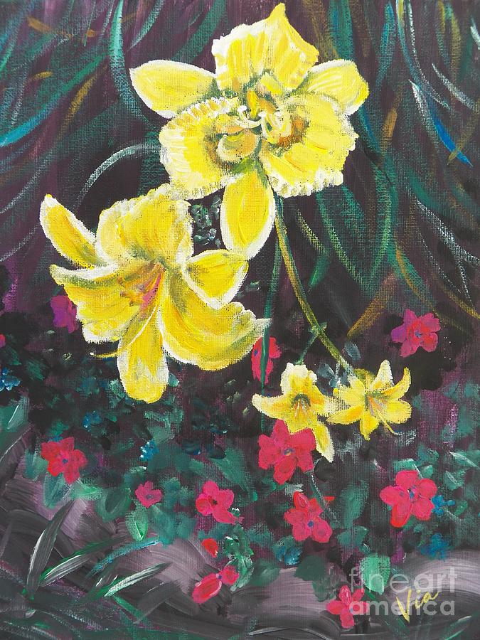 Ptg. Day Lillies and Impatients Painting by Judy Via-Wolff