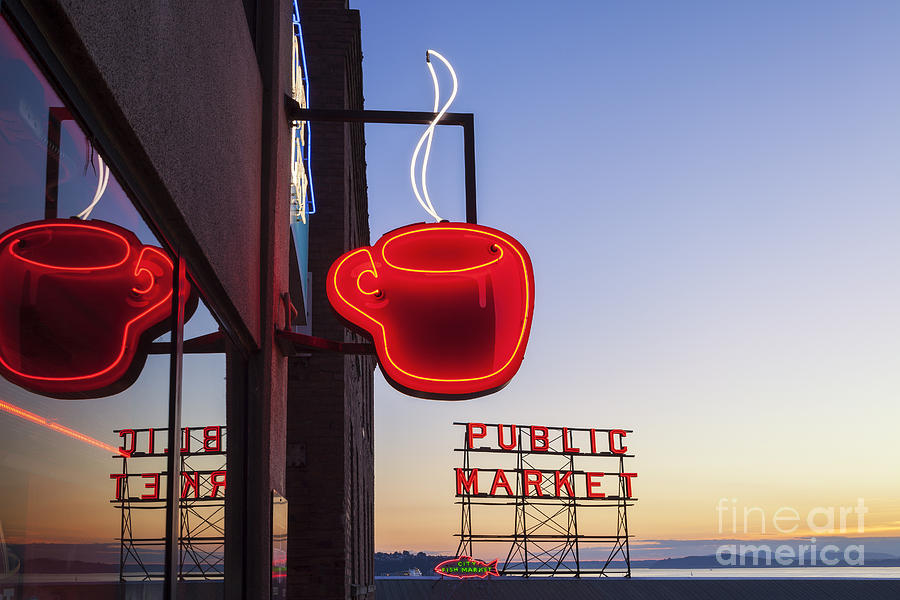 Neon Coffee Cup at Seattle Public Market Photograph by Bryan Mullennix