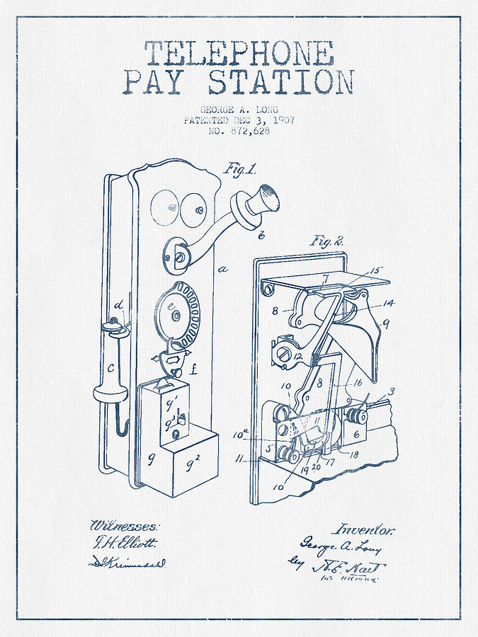 Vintage Digital Art - Public Telephone Patent Drawing From 1907  - Blue Ink by Aged Pixel