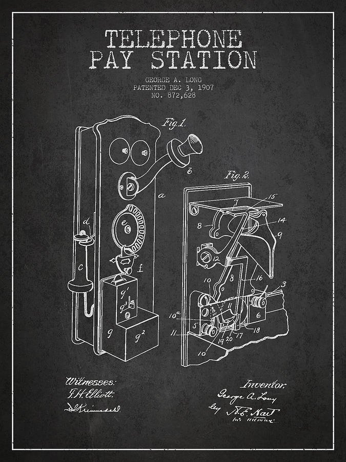 Vintage Digital Art - Public Telephone Patent Drawing From 1907 - Dark by Aged Pixel