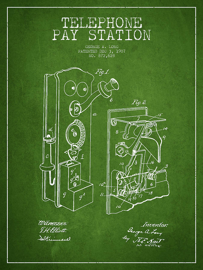 Vintage Digital Art - Public Telephone Patent Drawing From 1907 - Green by Aged Pixel