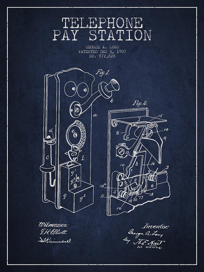 Vintage Digital Art - Public Telephone Patent Drawing From 1907 - Navy Blue by Aged Pixel