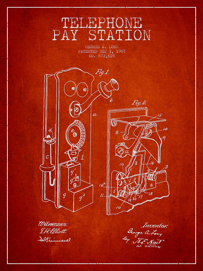 Vintage Digital Art - Public Telephone Patent Drawing From 1907 - Red by Aged Pixel