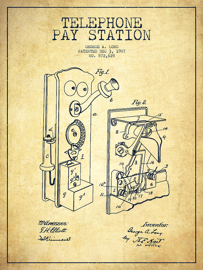 Vintage Digital Art - Public Telephone Patent Drawing From 1907 - Vintage by Aged Pixel