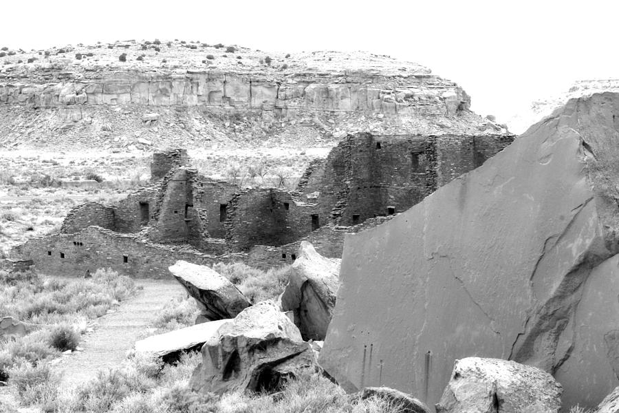 Pueblo Ruins At Chaco Culture National Historical Park In New Mexico bw Photograph by Elizabeth Sullivan