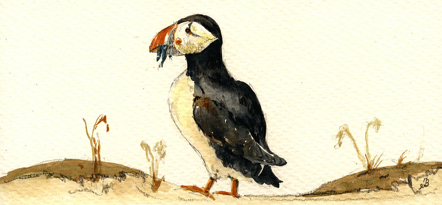 Puffin Painting - Puffin with fishes by Juan  Bosco