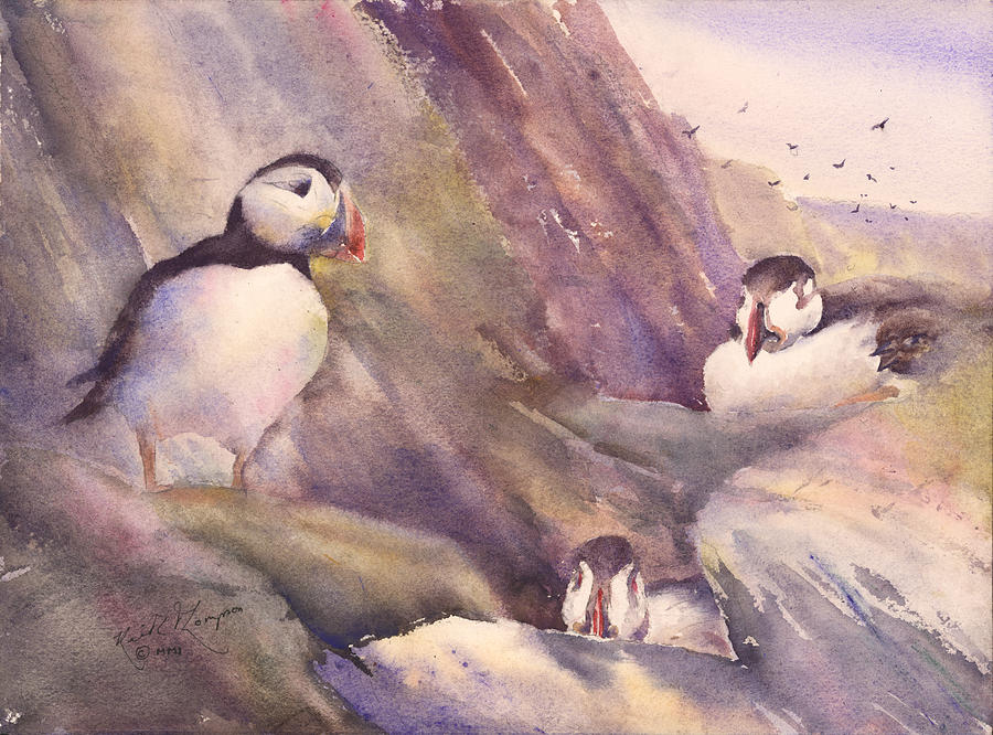 Puffins Cliffs of Moher County Clare Painting by Keith Thompson