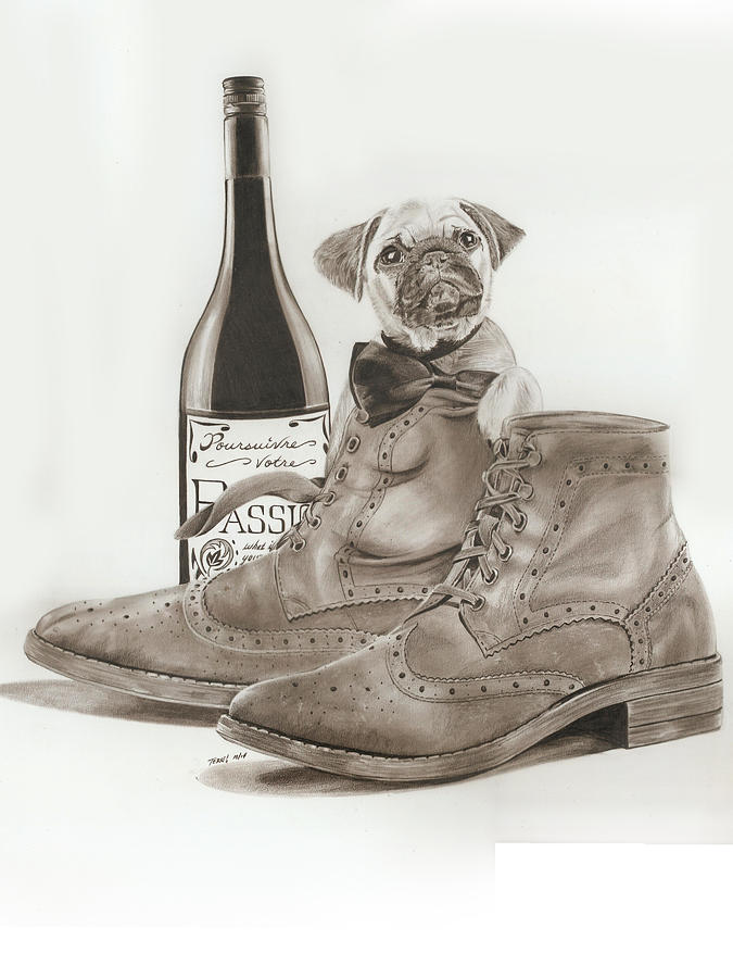 Wine Drawing - Pug In Boots by Terri Meredith