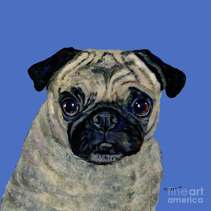 Pug On Blue Painting by Dale Moses