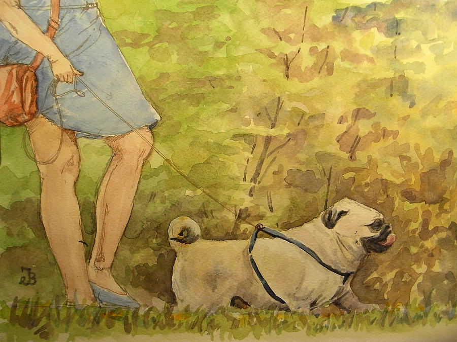 Pug Painting - Pug walkign by Juan  Bosco