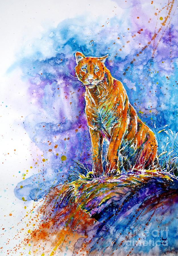 Puma. Listening to the sounds of the mountains.  Painting by Zaira Dzhaubaeva