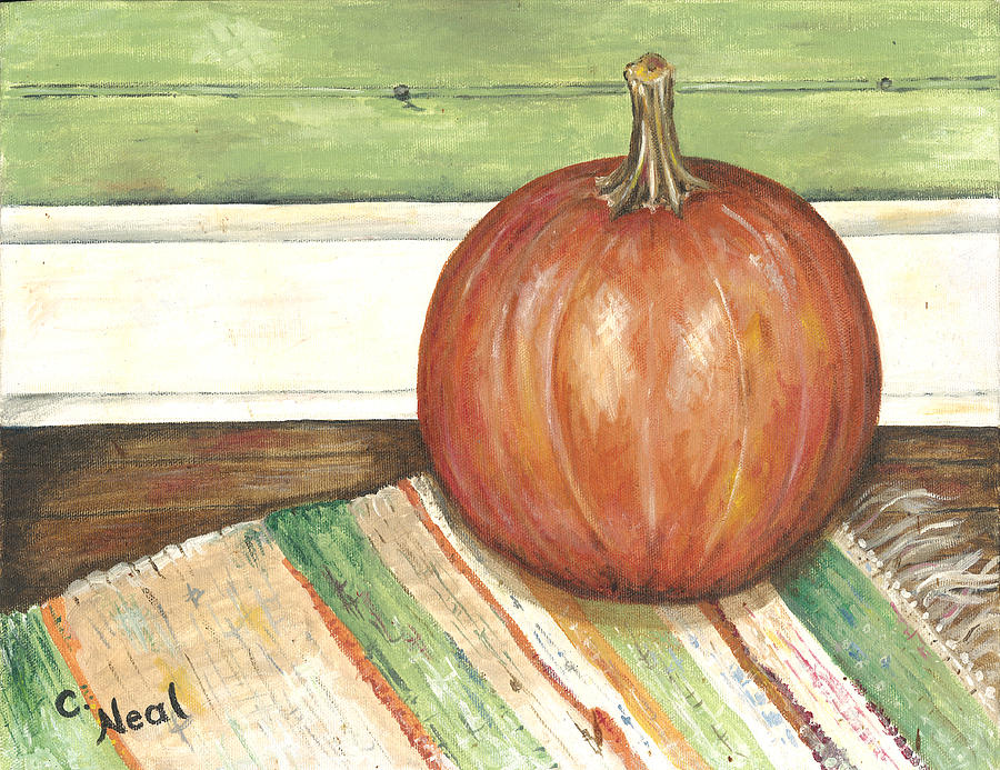 Pumpkin on a Rag Rug Painting by Carol Neal