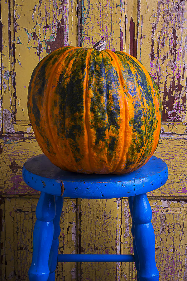 Pumpkin On Blue Stool Photograph by Garry Gay