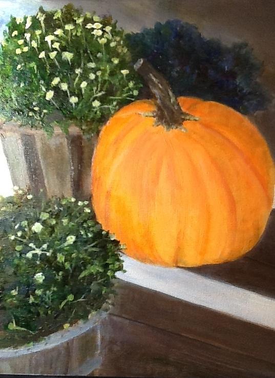 Pumpkin On Doorstep Painting by Cindy Plutnicki