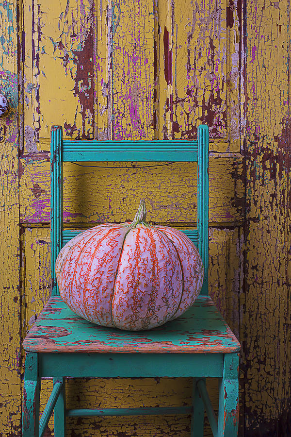 Pumpkin Photograph - Pumpkin On Green Chair by Garry Gay