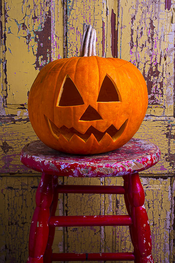 Fruit Photograph - Pumpkin On Red Stool by Garry Gay