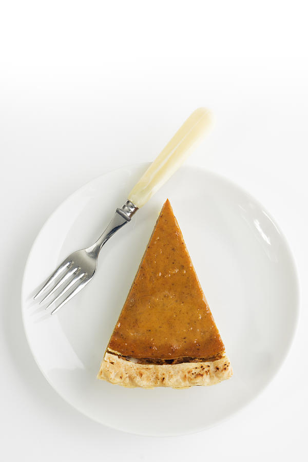Pumpkin Pie Slice, Thanksgiving Baked Dessert with White Plate, Fork Photograph by YinYang