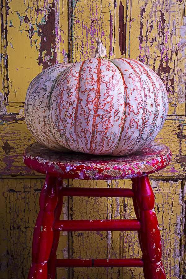 Pumpkin Sitting On Red Stool Photograph by Garry Gay