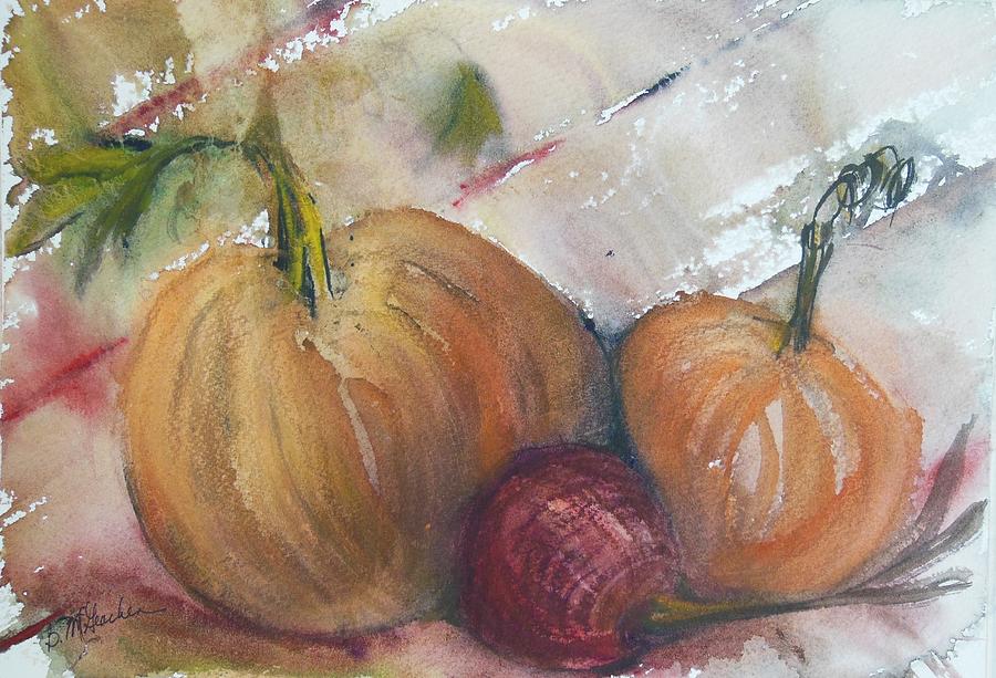 Pumpkins Painting - Pumpkins and Onion by Barbara McGeachen
