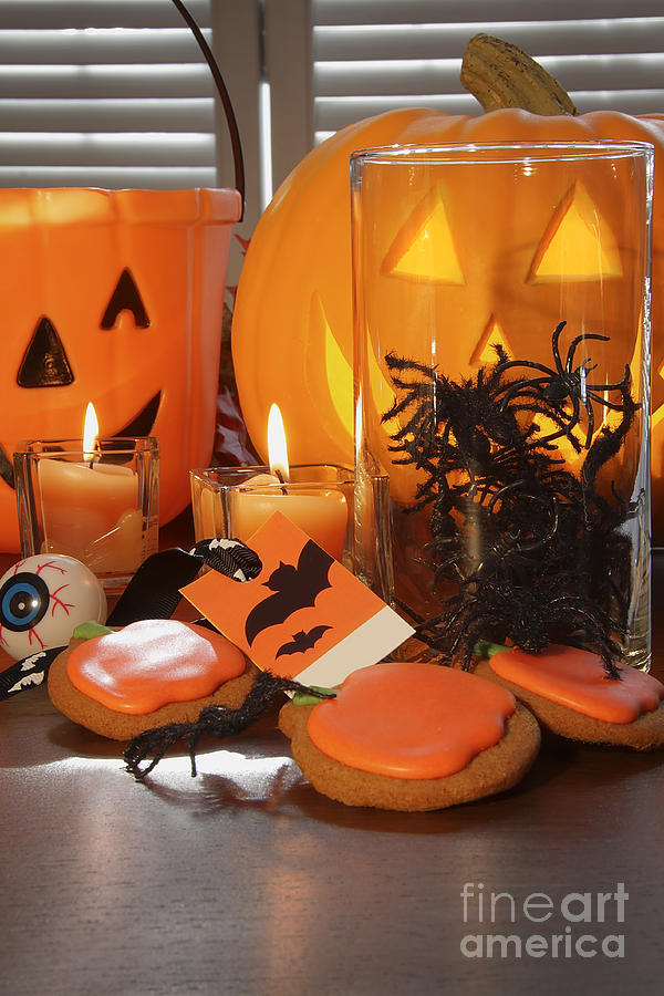Ball Photograph - Pumpkins candles and cookies for Halloween by Sandra Cunningham