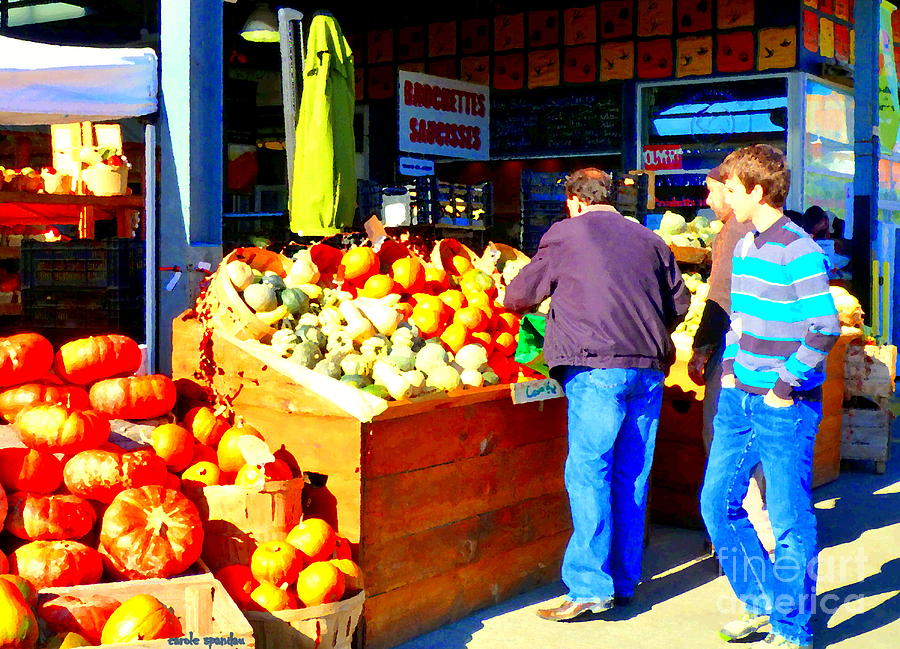 Fruit Painting - Pumpkins Squash And Gourds Farmers Market Ferme Takwanaw Urban Food Art Scenes Carole Spandau by Carole Spandau