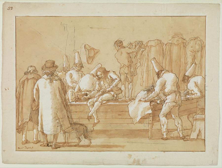 Pen Drawing - Punchinello As Tailors Assistant by Giovanni Domenico Tiepolo