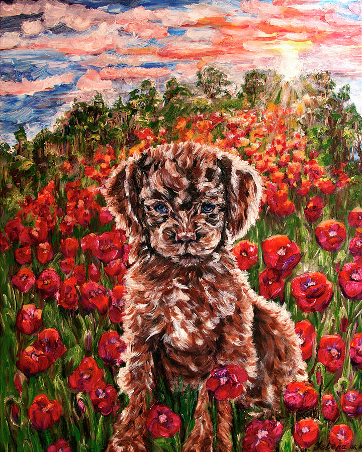 Puppy and Poppies Painting by Yelena Rubin