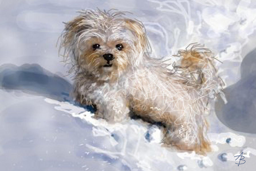 Puppy in Snow  Painting by Angie Braun
