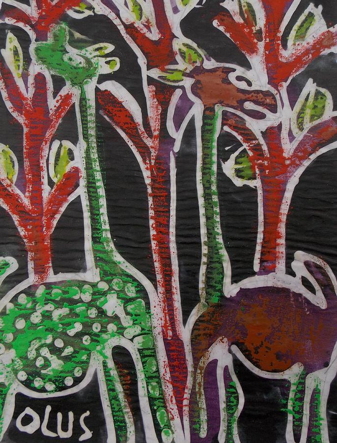 African Batik  Design Purple And Green Painting  Animals  