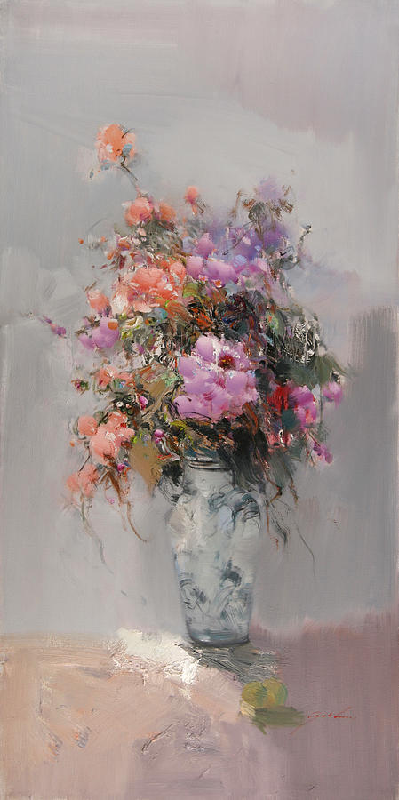 Purple And Pink Flowers In A White Vase Painting by George Lee | Fine ...