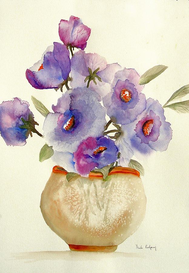 Still Life Painting - Purple Anemones in a Vase by Neela Pushparaj