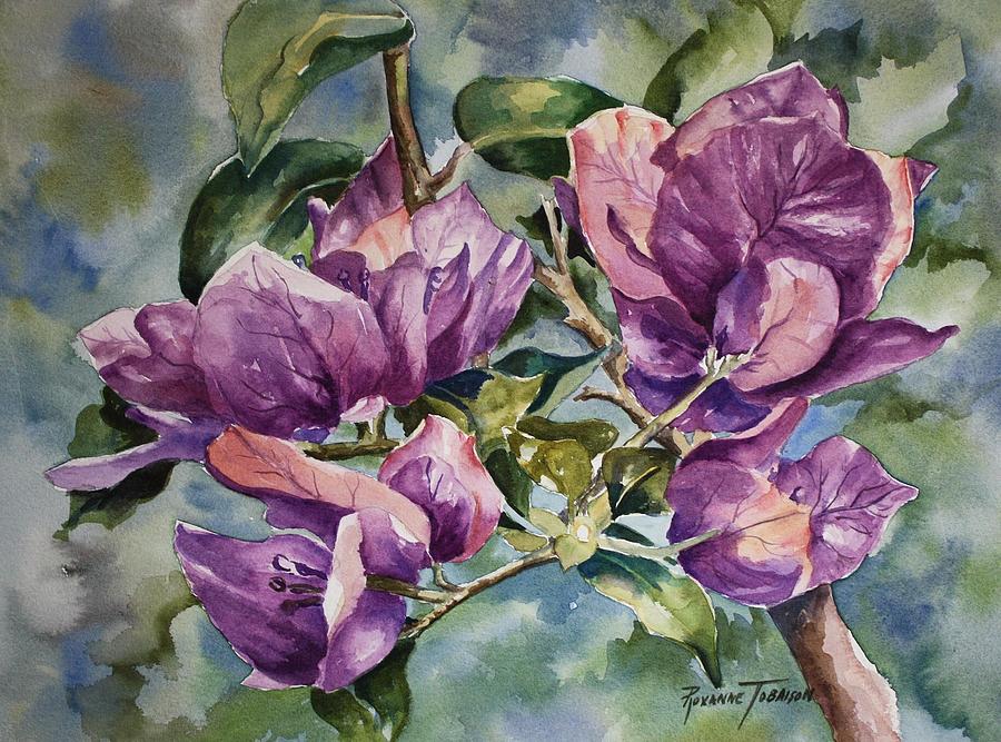 Flowers Still Life Painting - Purple Beauties - Bougainvillea by Roxanne Tobaison