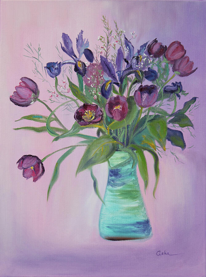 Purple Belle Bouquet of Tulips and Irises Painting by Asha Carolyn Young