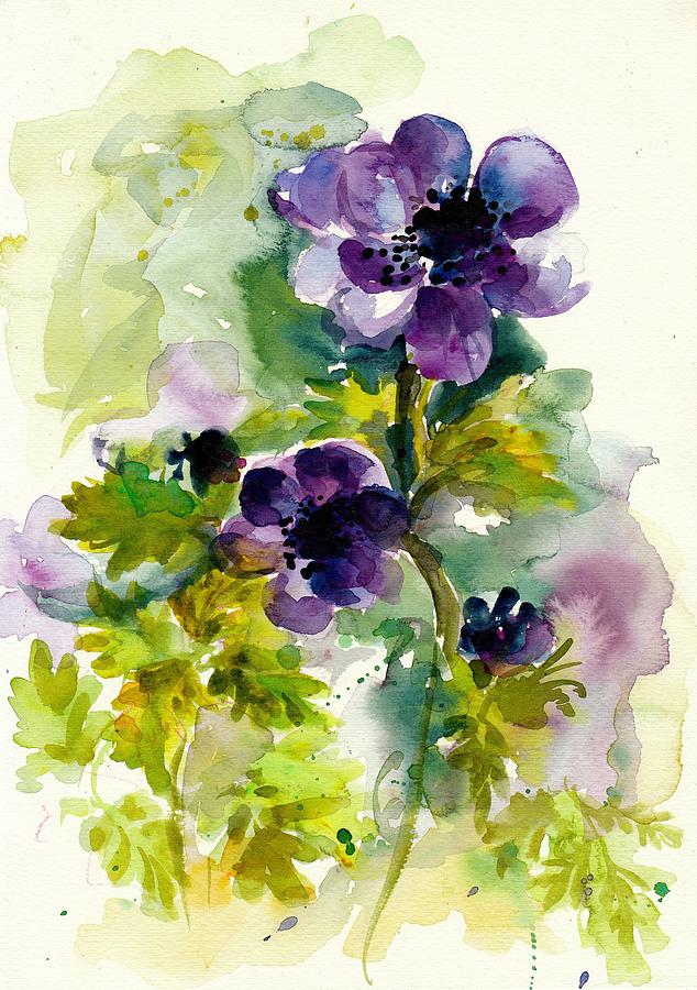 Purple Blue Anemones - Flowers Watercolor Painting by Tiberiu Soos