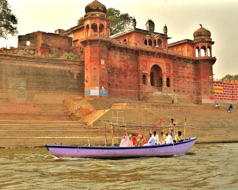 Architecture Photograph - Purple Boat  - Varanasi India by Kim Bemis