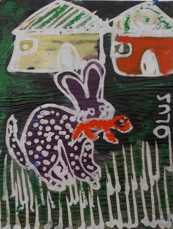 Cat Mixed Media - AFRICAN BATIK DESIGN Purple cat catch the red mouse in the village.   by Okunade Olubayo