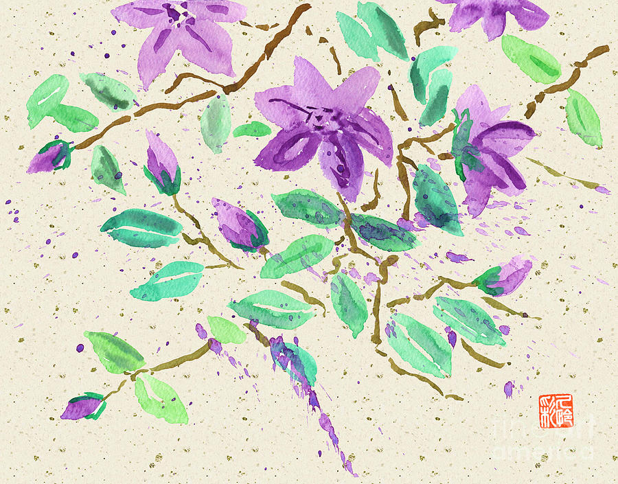 Purple Clematis Watercolor Painting with Beige Washi Background Painting by Beverly Claire Kaiya